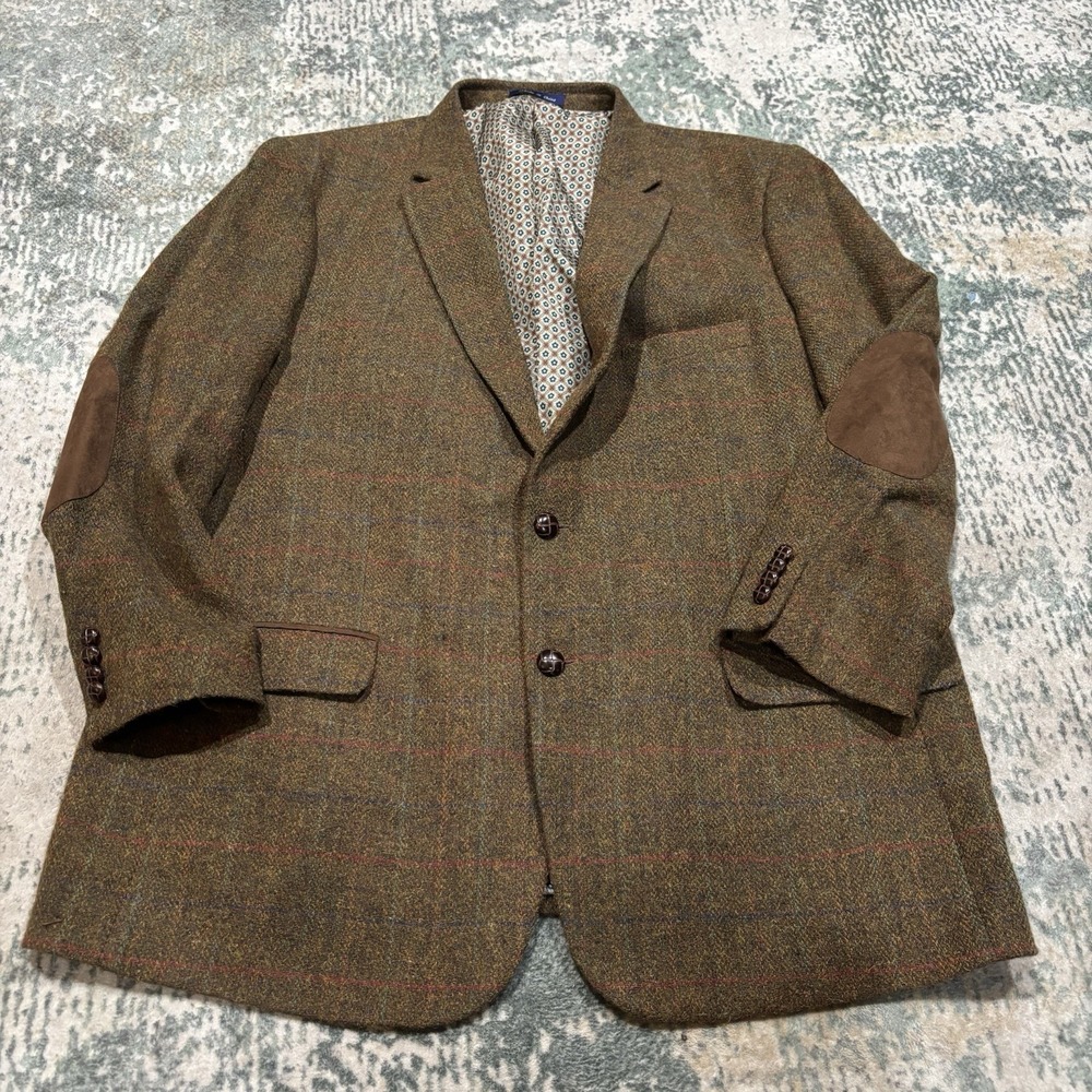 Alan Flusser Men's XL Brown Windowpane Tweed Blazer Sport Coat Elbow Patch XL